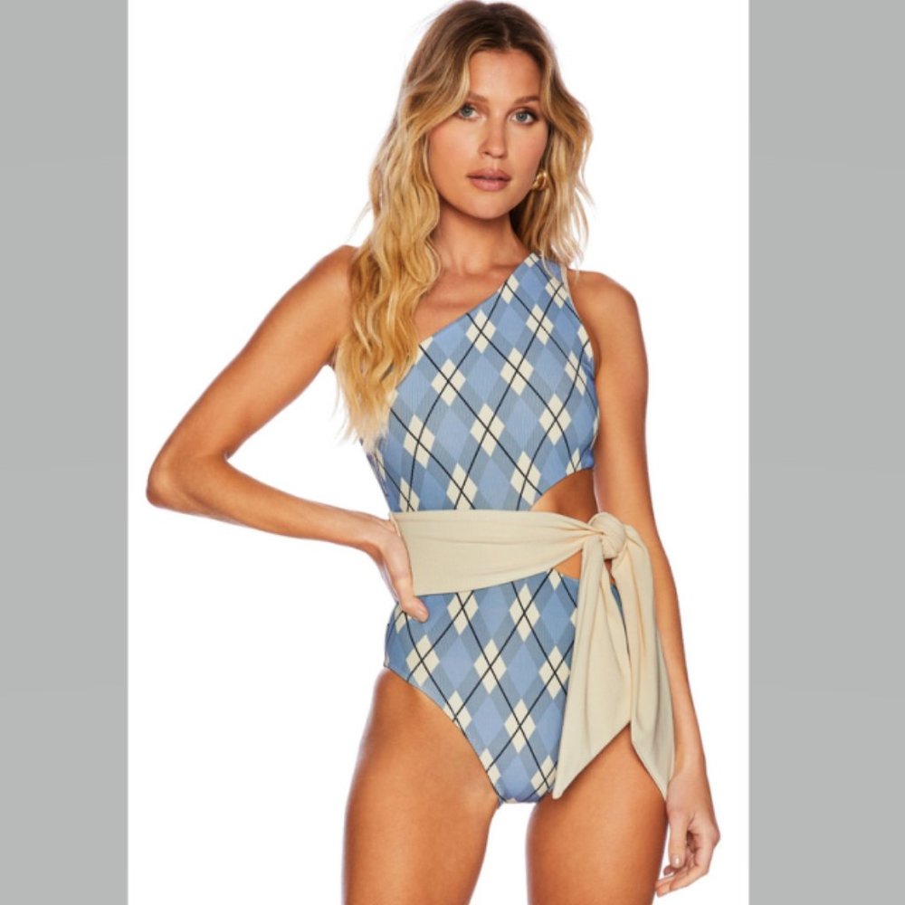 Beach Riot Carlie One Piece Swim Suit in Blue Argyle Size S NWT